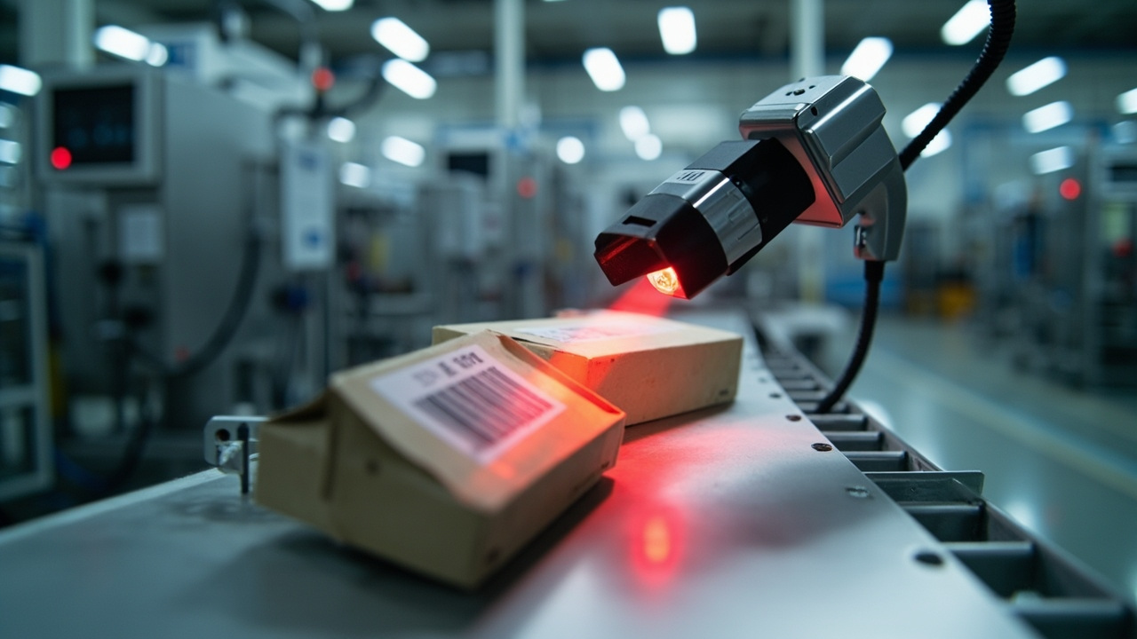Industrial barcode scanner accurately reading a product label on an automated production line within a maquiladora, demonstrating efficient traceability.