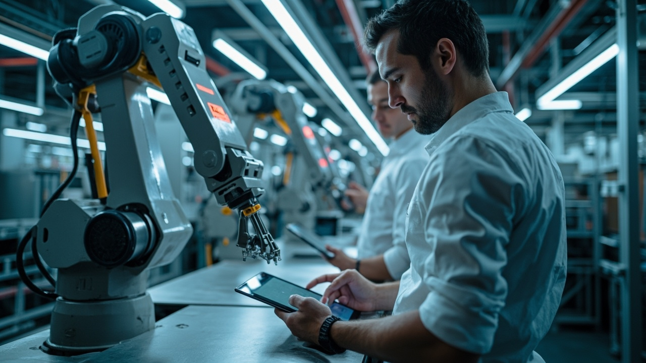 Small business manufacturing facility with robotic arm and human technician collaborating on an automated production line, symbolizing efficient industrial automation.