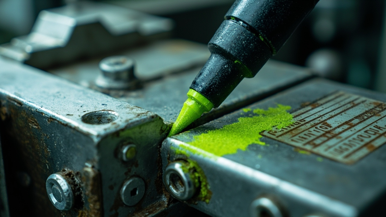 Green-tipped marker being used in an industrial setting, labeling machinery.
