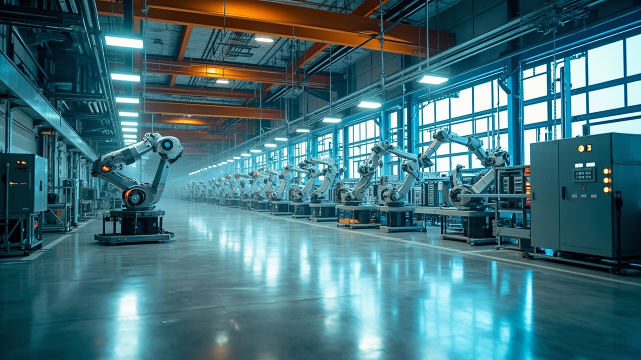 Automated factory floor with robotic arms and PLC control panels, representing advanced industrial automation.