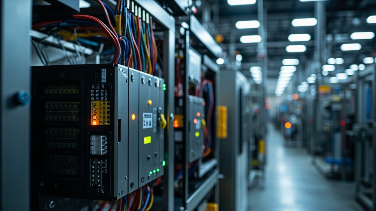 Industrial automation equipment including PLCs in a modern manufacturing setting.