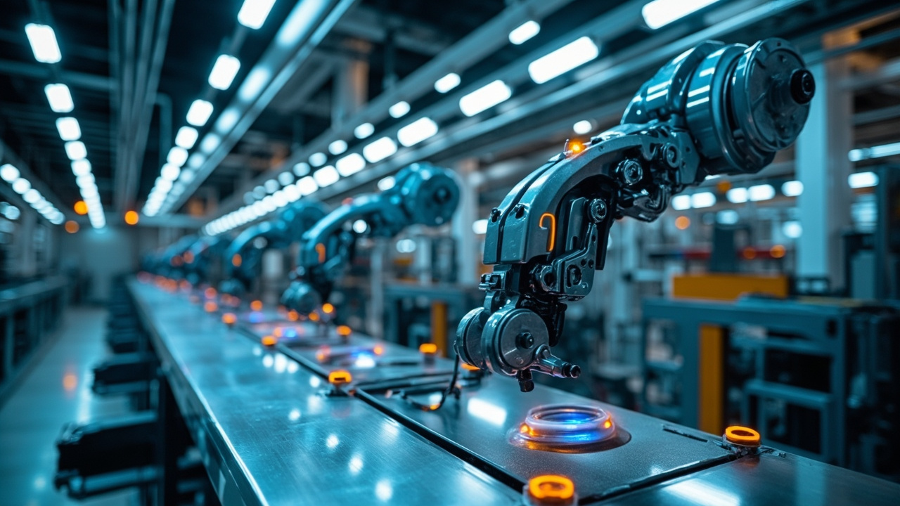 Automated robotic arms working on a production line in a modern manufacturing facility