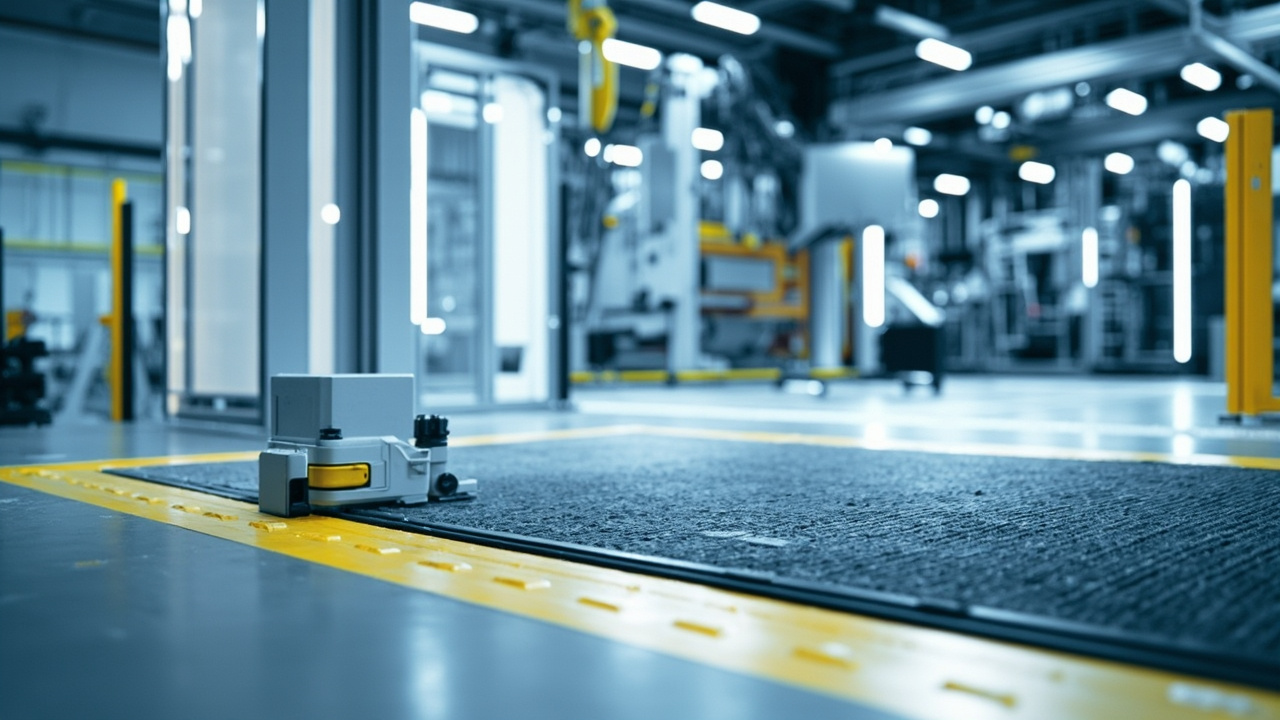 Industrial safety light curtain and safety mat protecting a robotic work cell in a modern manufacturing facility, emphasizing advanced industrial control systems.