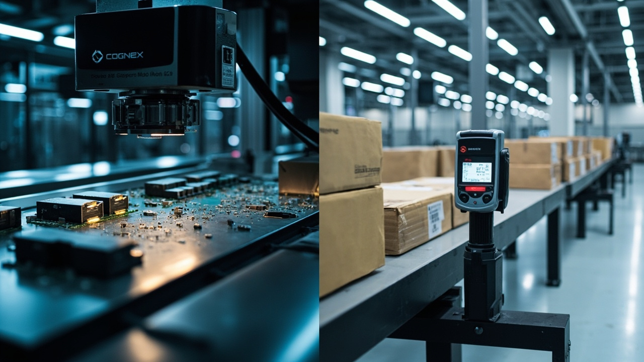 Comparison of Cognex and Datalogic vision systems in a Mexican manufacturing setting, showing precision inspection and high-speed barcode reading applications.