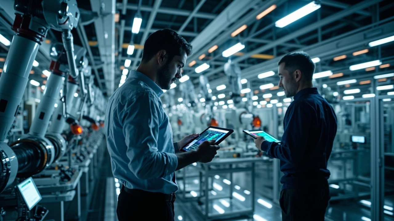 Advanced custom automation solution in a Mexican manufacturing plant, showcasing robotic arms, conveyor systems, and integrated control panels working together efficiently.