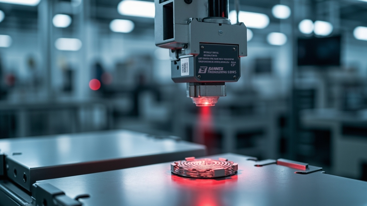 Banner Engineering LED triangulation sensor precisely measuring a component on an automated assembly line