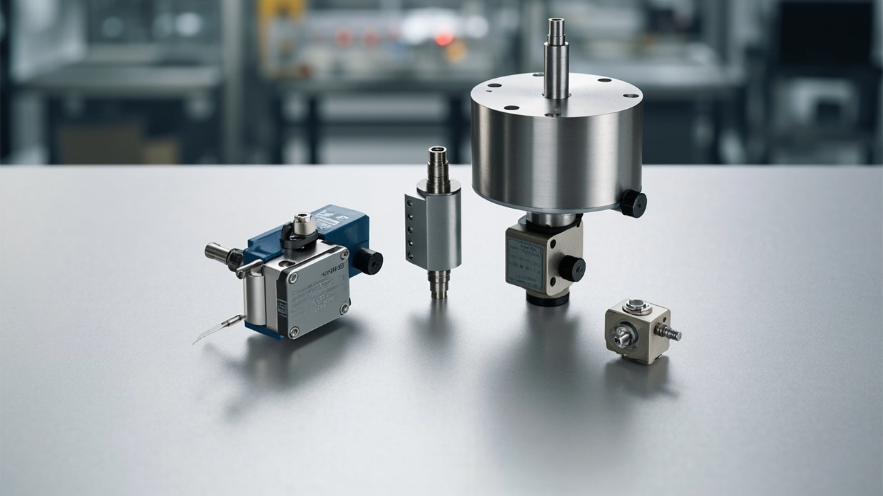 Assortment of Baumer industrial sensors: a rotary encoder, a level sensor, and a pressure transmitter, representing precision process instrumentation for automation.