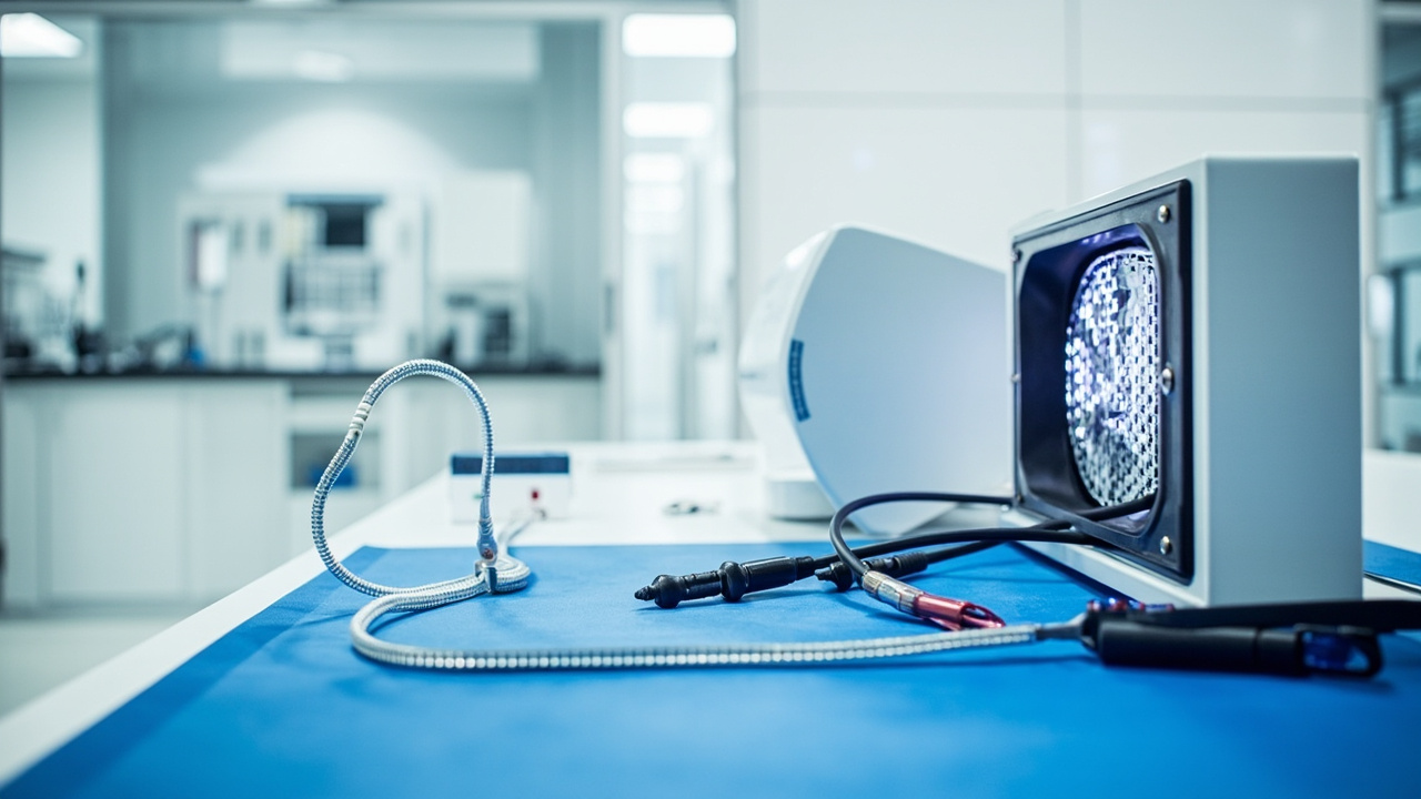 Modern electronics manufacturing workstation with DESCO ESD anti-static mat, grounded wrist strap, ionizer, and ESD-safe tools, demonstrating comprehensive static control.