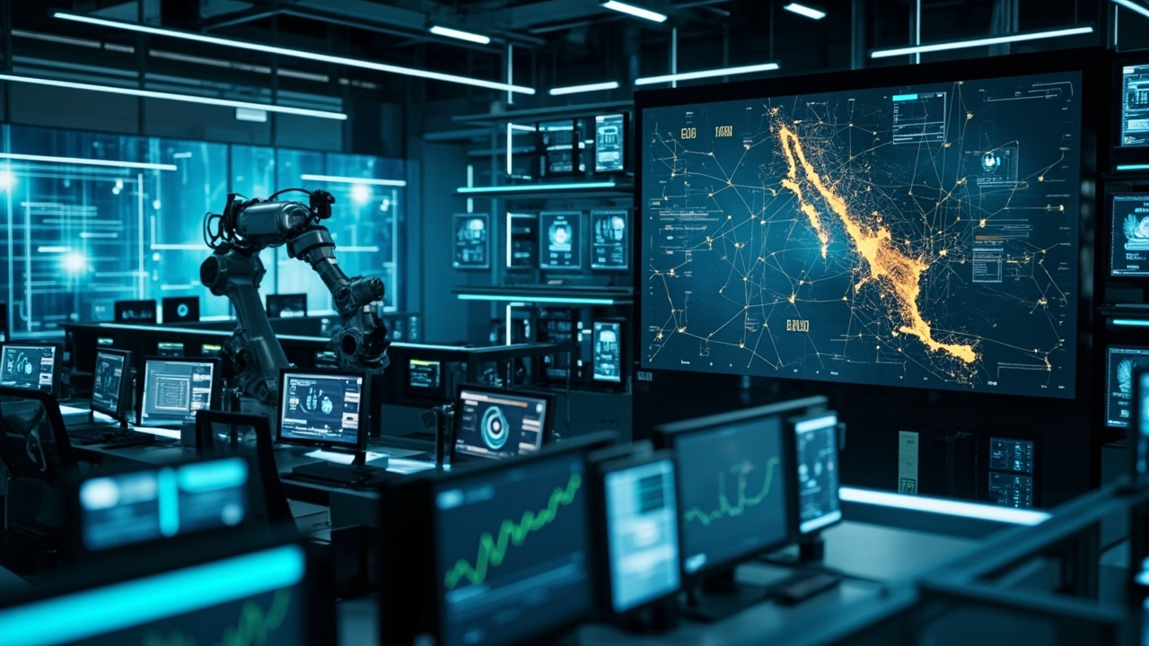 Modern industrial automation control room with data screens and a robotic arm, symbolizing advanced manufacturing in Mexico's Bajío region.