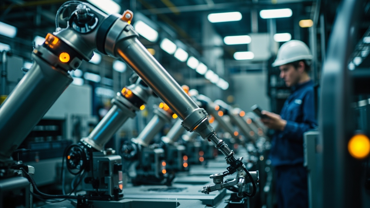 Industrial automation system in a manufacturing plant with a technician in the background