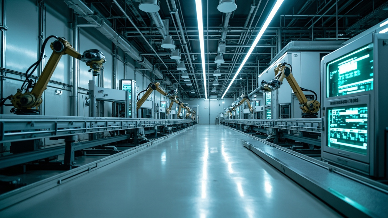 Automated factory floor with robotic arms and machinery, representing advanced industrial automation solutions.