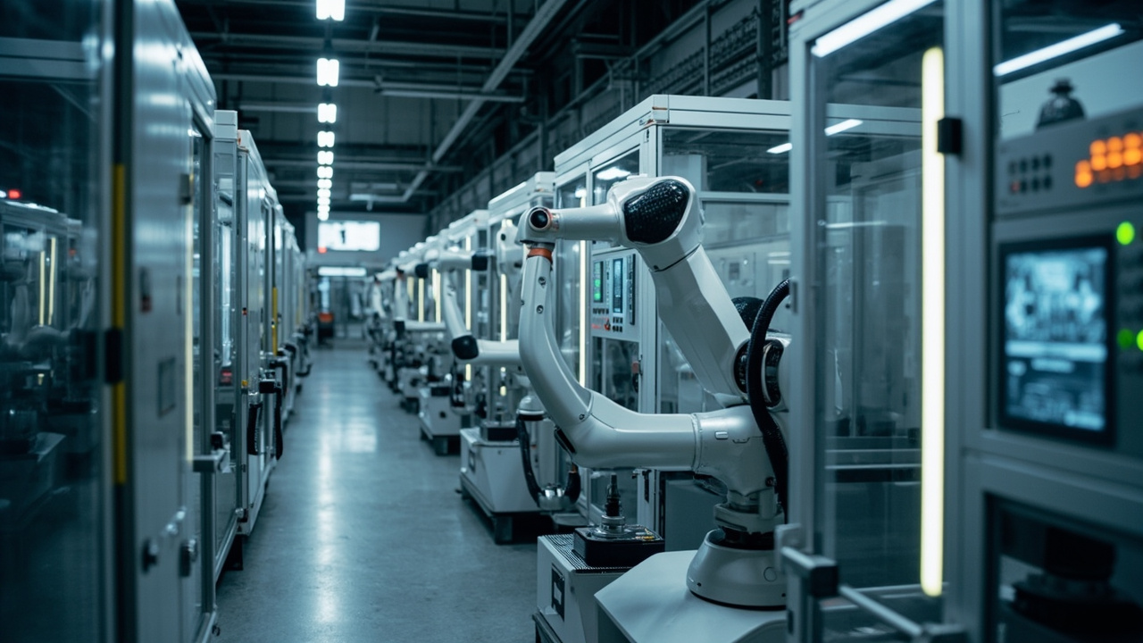 Advanced industrial automation machinery operating in a modern manufacturing facility, showcasing efficiency and precision.