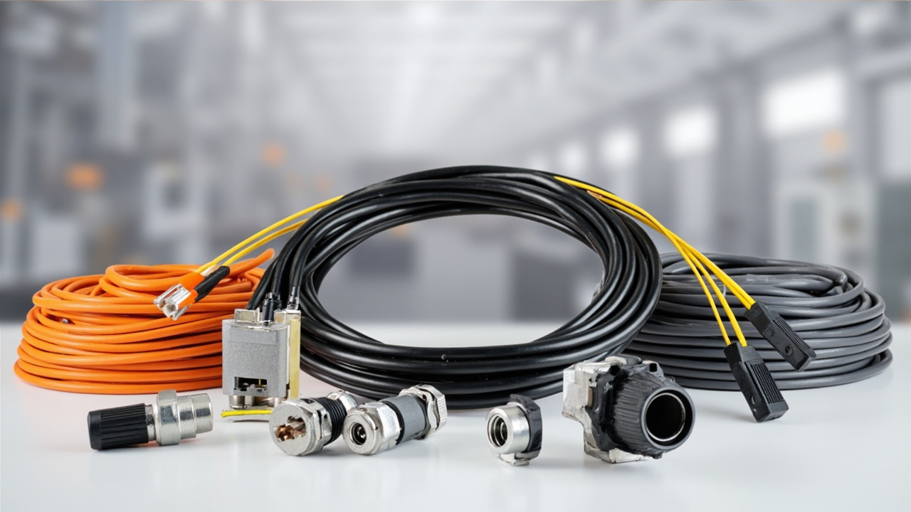 Assortment of LAPP Kabel industrial cables, including flexible control cables and data cables, alongside various EPIC connectors and SKINTOP cable glands, arranged on a clean industrial background.