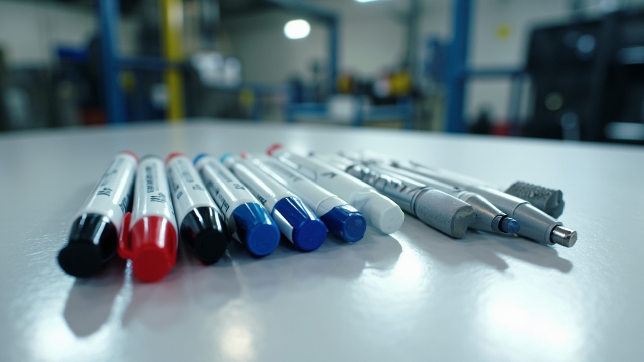 Assortment of Sharpie permanent markers and industrial-grade pens on a workbench, ready for use in a manufacturing setting.