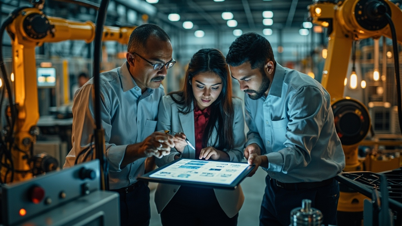 Engineers collaborating in a modern industrial automation facility in Mexico, surrounded by advanced machinery and control systems.
