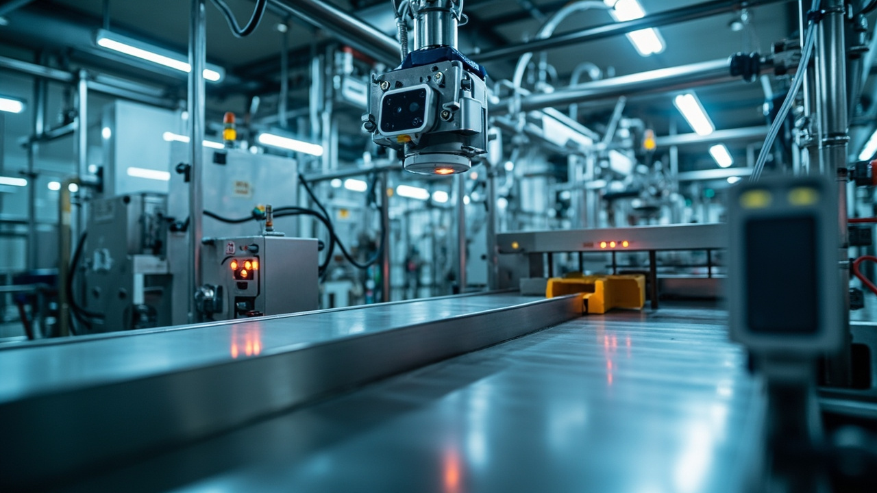 Machine vision camera inspecting food products on a conveyor belt in a modern, clean food and beverage processing plant in Mexico, with various industrial sensors visible on surrounding equipment.