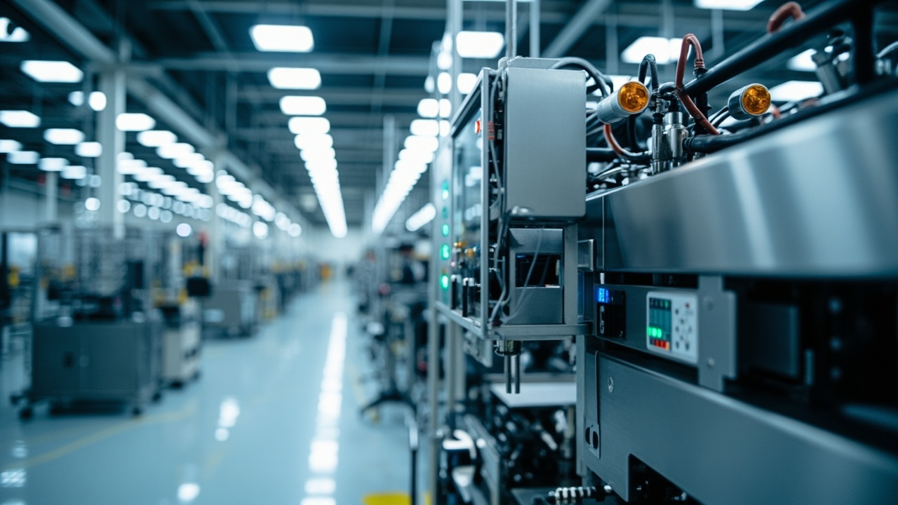 Industrial automation components and machinery on a maquiladora factory floor, showcasing precision and efficiency in manufacturing.