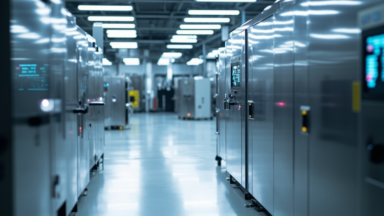 Automated machinery on a factory floor with a PLC control panel