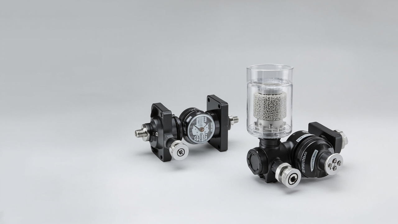 IMI Norgren Olympian Plus series pressure regulator and filter regulator, showcasing their robust design and modular connections for industrial pneumatic systems.