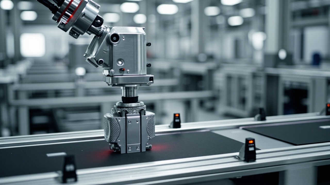 Collection of Balluff industrial sensors and RFID components integrated into a modern factory automation setup, showcasing smart manufacturing technology.