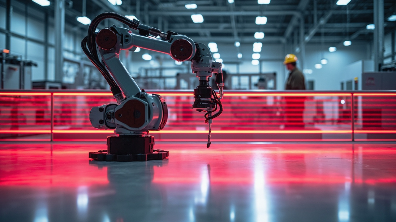 Banner Engineering safety light curtain protecting a robotic arm in a modern manufacturing facility