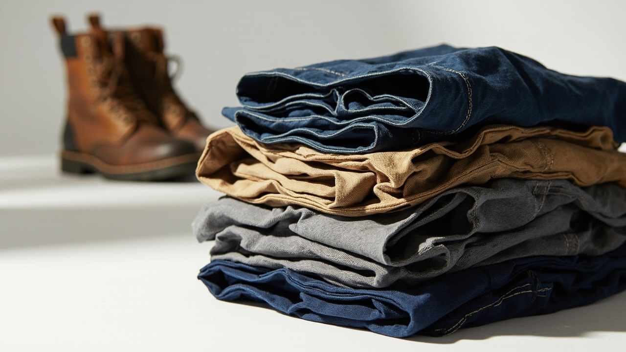 Stack of folded Dickies work pants and shirts in industrial colors, with work boots in the background, representing durable safety and workwear.