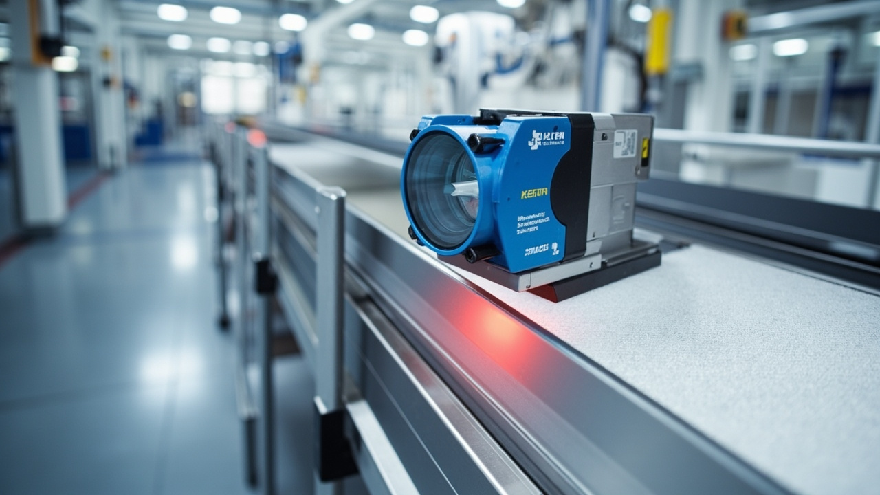 SICK photoelectric sensor mounted on an industrial conveyor belt, precisely detecting a product for automated manufacturing