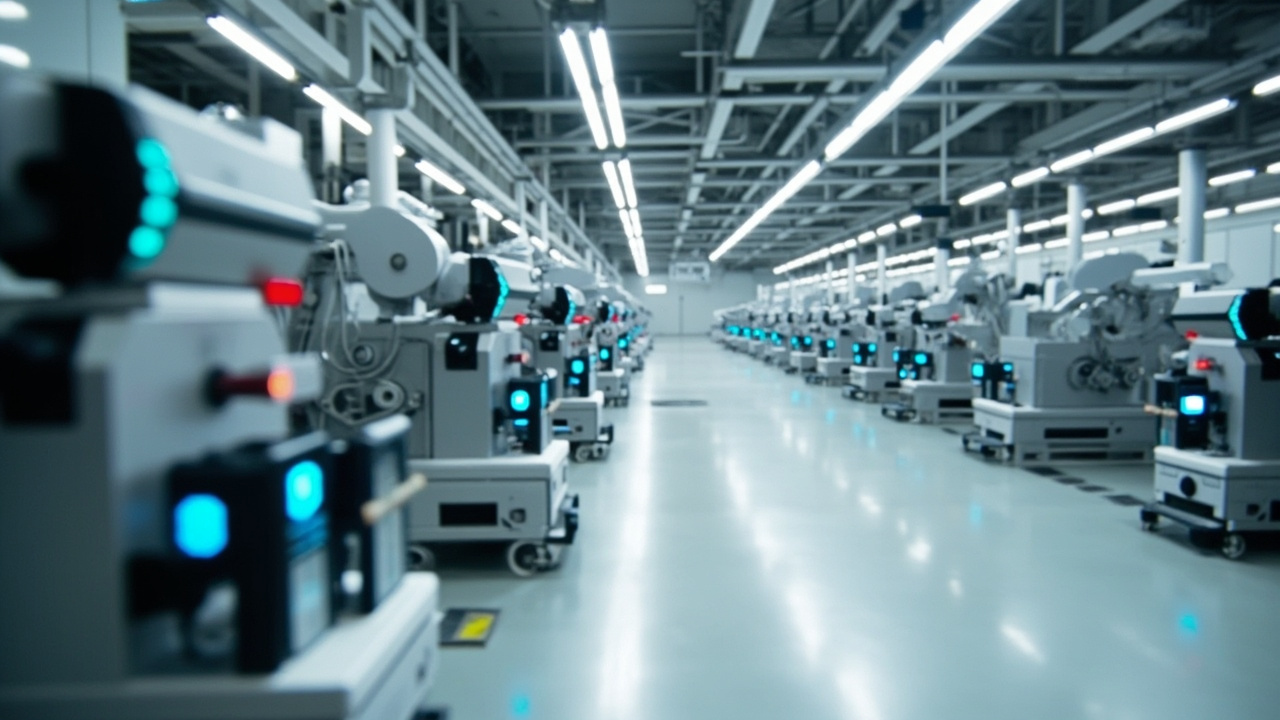 Automated machinery and robotic arms on a modern factory floor.