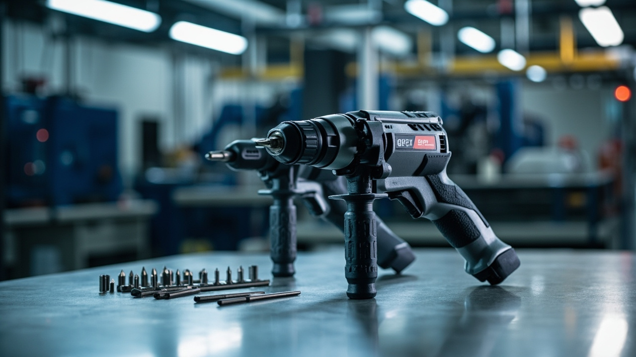 Collection of APEX precision industrial power tools, including electric screwdrivers, nutrunners, and various bits, on a workbench in a manufacturing facility.