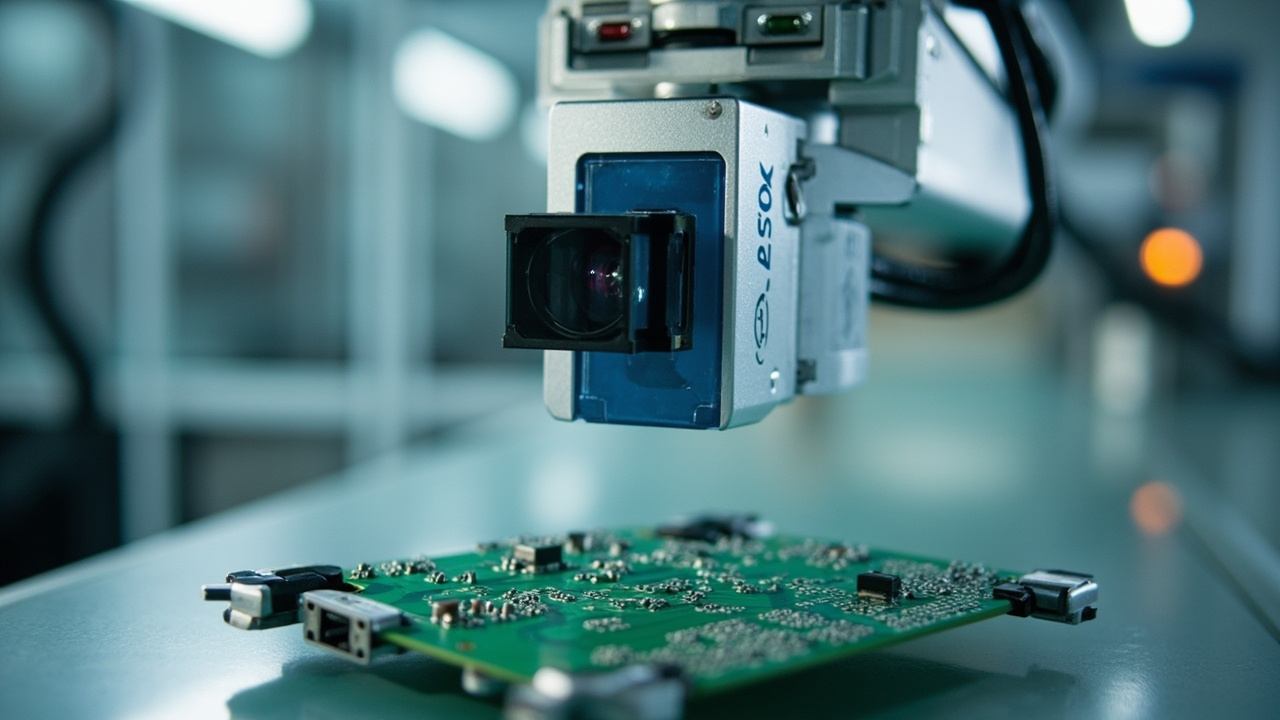 Cognex vision system camera mounted on a robotic arm inspecting a circuit board on a production line